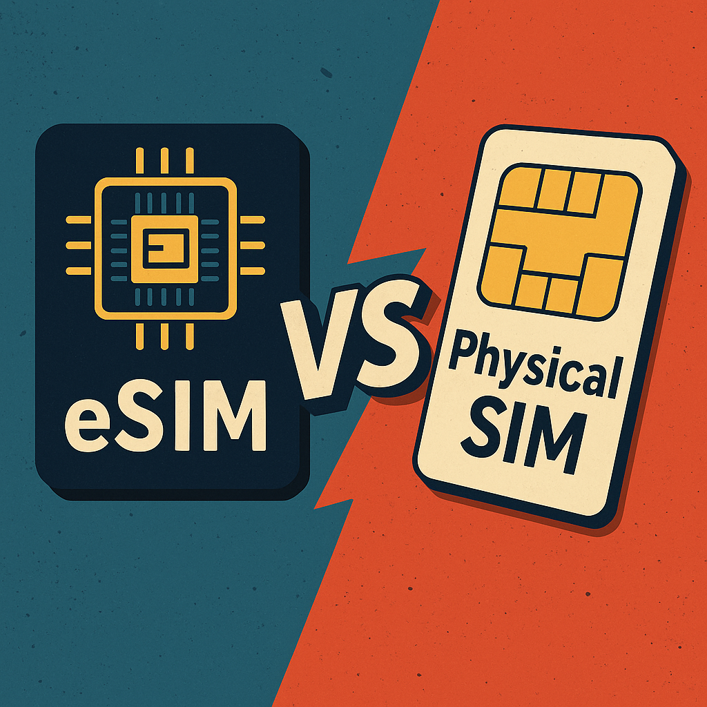 eSIM vs Physical SIM comparison illustration showing the differences for travel