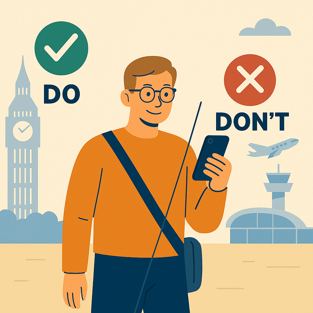 Illustration showing a traveler with phone showing do's and don'ts for international travel