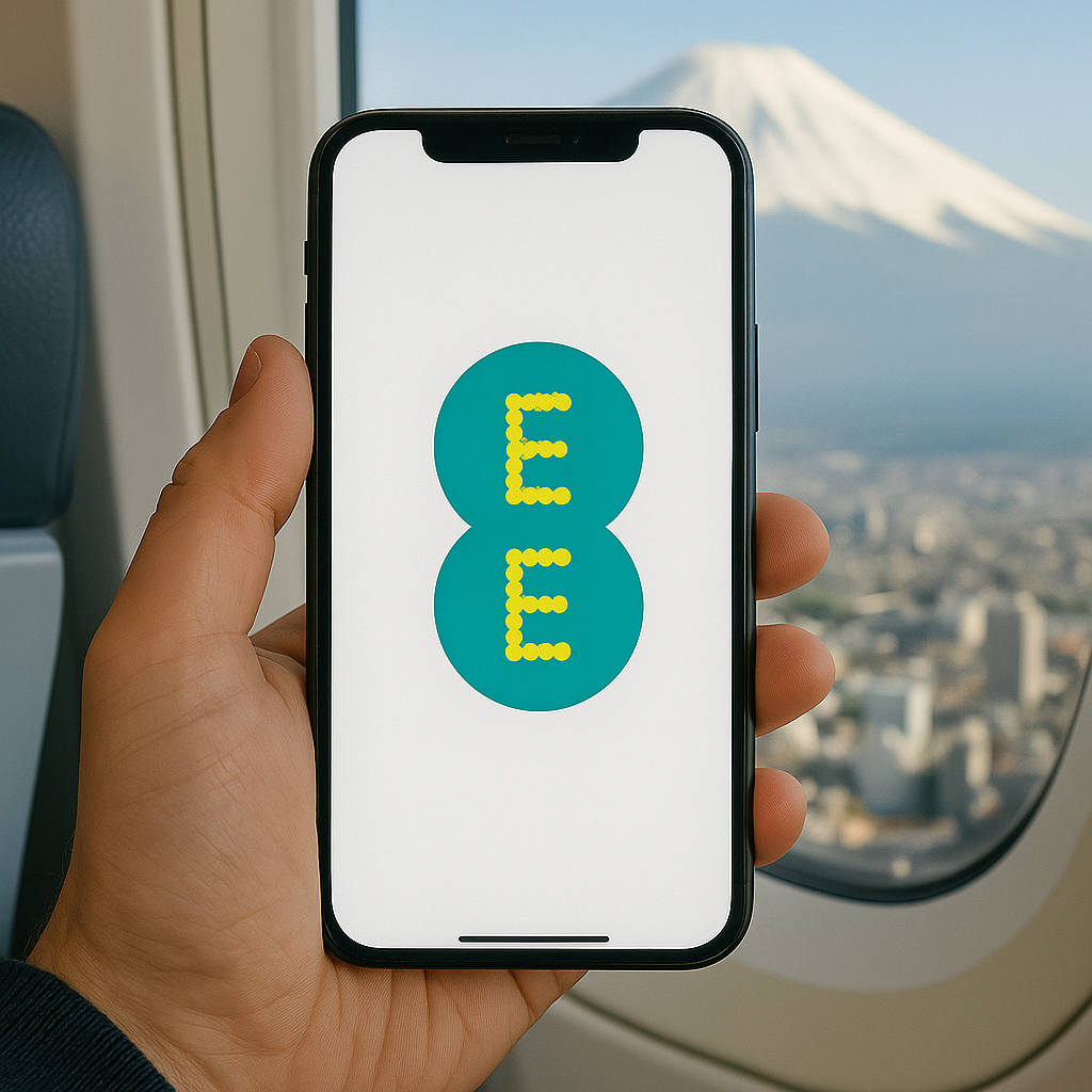 Smartphone displaying EE logo with scenic mountain view in background, representing international roaming